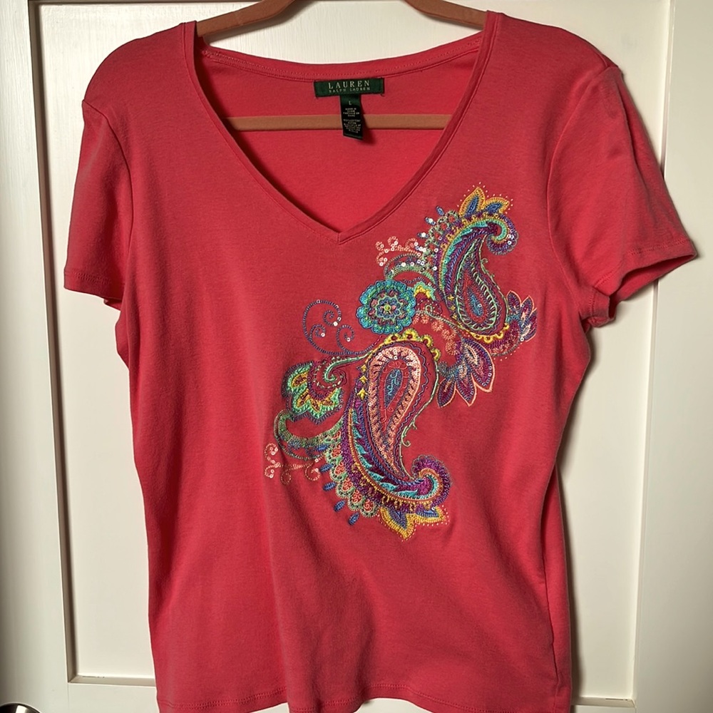 Ralph Lauren coral shirt with embroidery and sequins. Size large